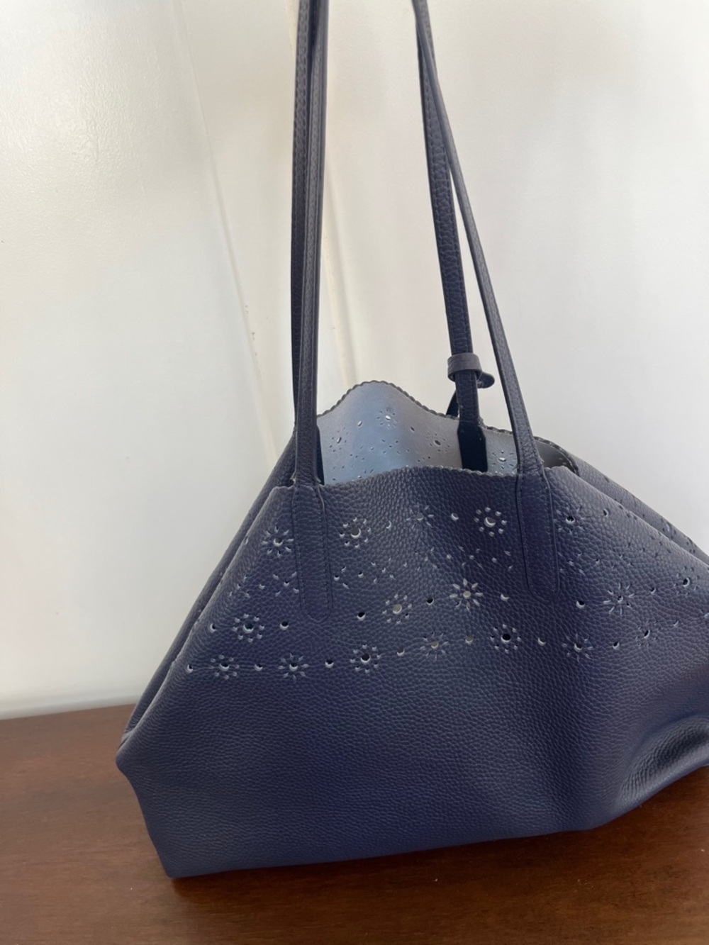 Draper James Navy Genuine Pebbled Leather Floral Perforated Tote